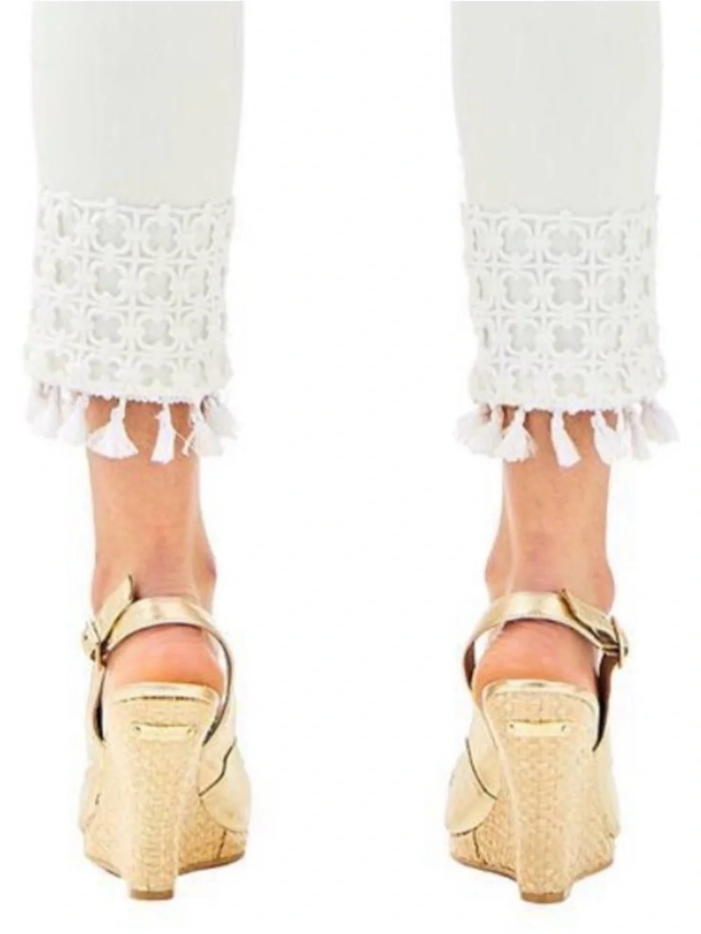 Lilly Pulitzer White Cropped Jeans with Lace Fringe Hem Size 14 - Picture 3 of 17